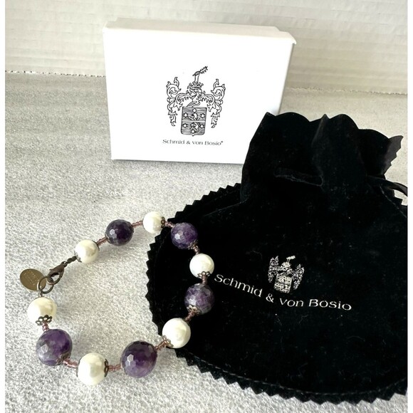 Schmid & Von Bosio Italy Purple Amethyst and Pearl Round Bead Bracelet 7.5" - Picture 3 of 10